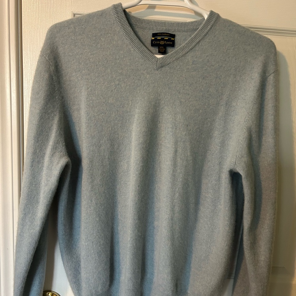 Club Room 100% Cashmere Classic Heathered Light Blue V-Neck Sweater XXL